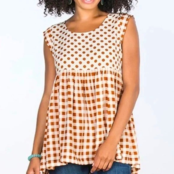 MATILDA JANE Rust/Cream Color Feeling Collegiate Babydoll Top, Size Small, GUC. - Picture 1 of 12